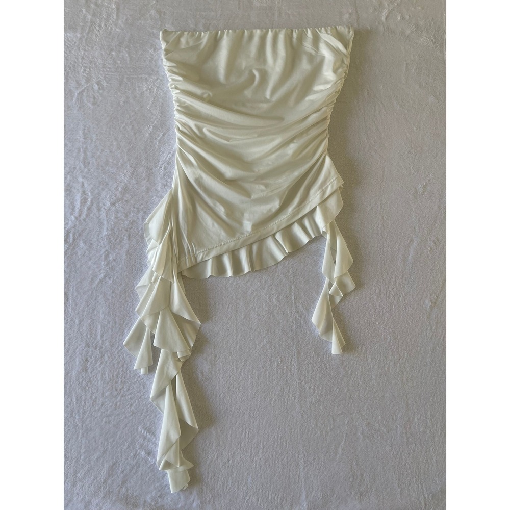Thirty Thirty LA White Ruched Strapless Tube Top Asymmetrical Ruffle Size M